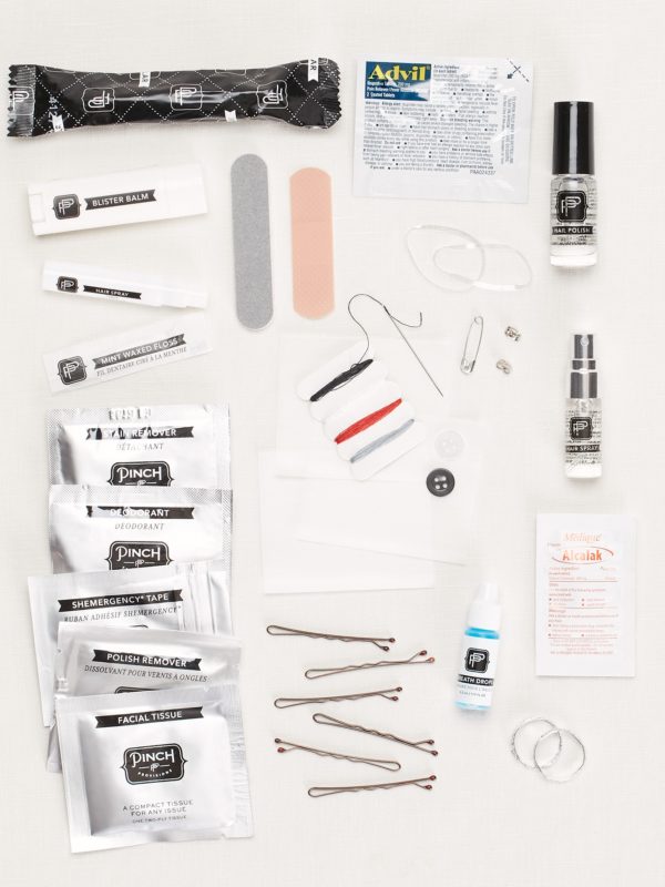 Bobby pins, safety pins, needle and thread, floss, Advil, nail files, and other small items you should pack in a wedding day emergency kit.